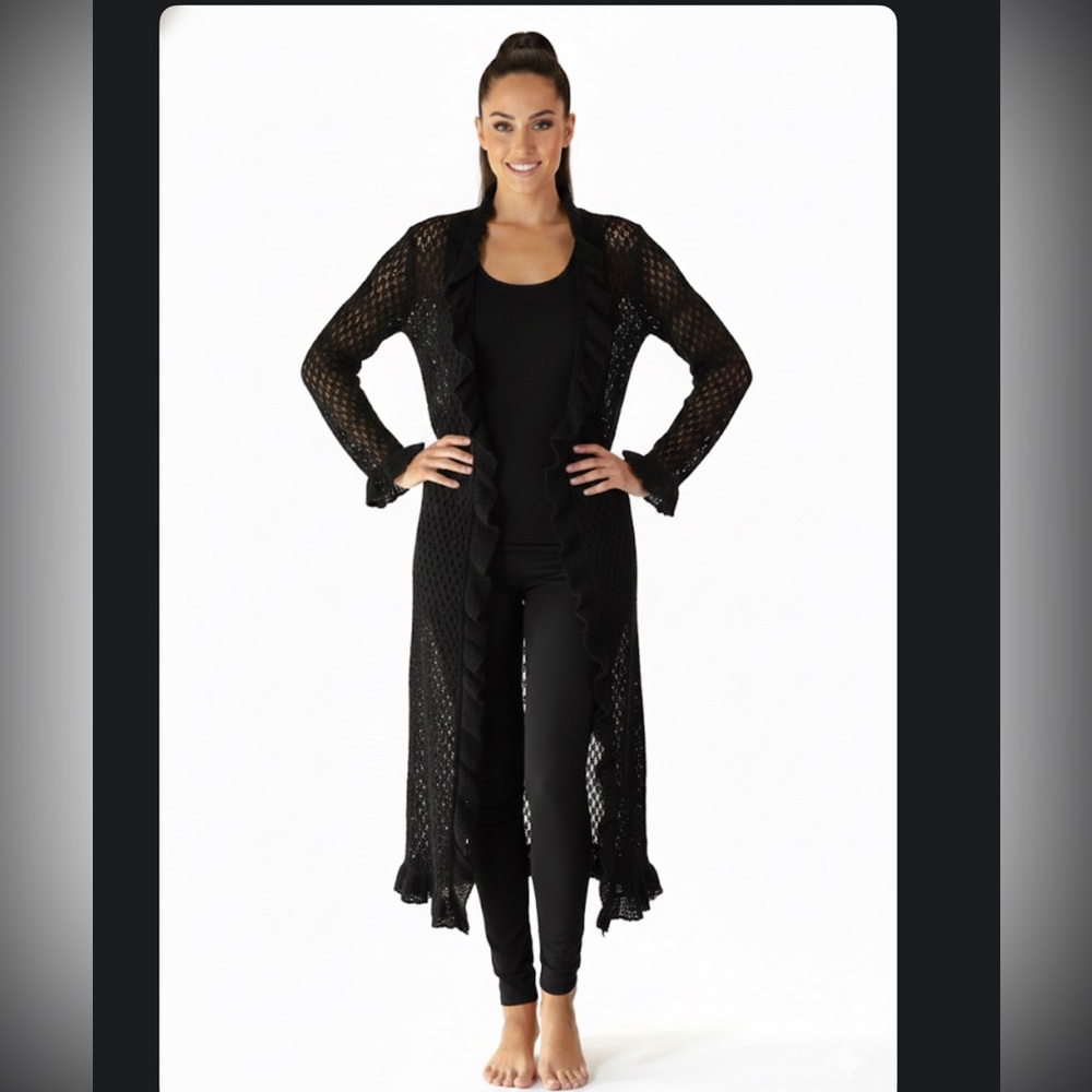 LA CITY Y2k Black LONG Knit CROCHET Cardigan T2